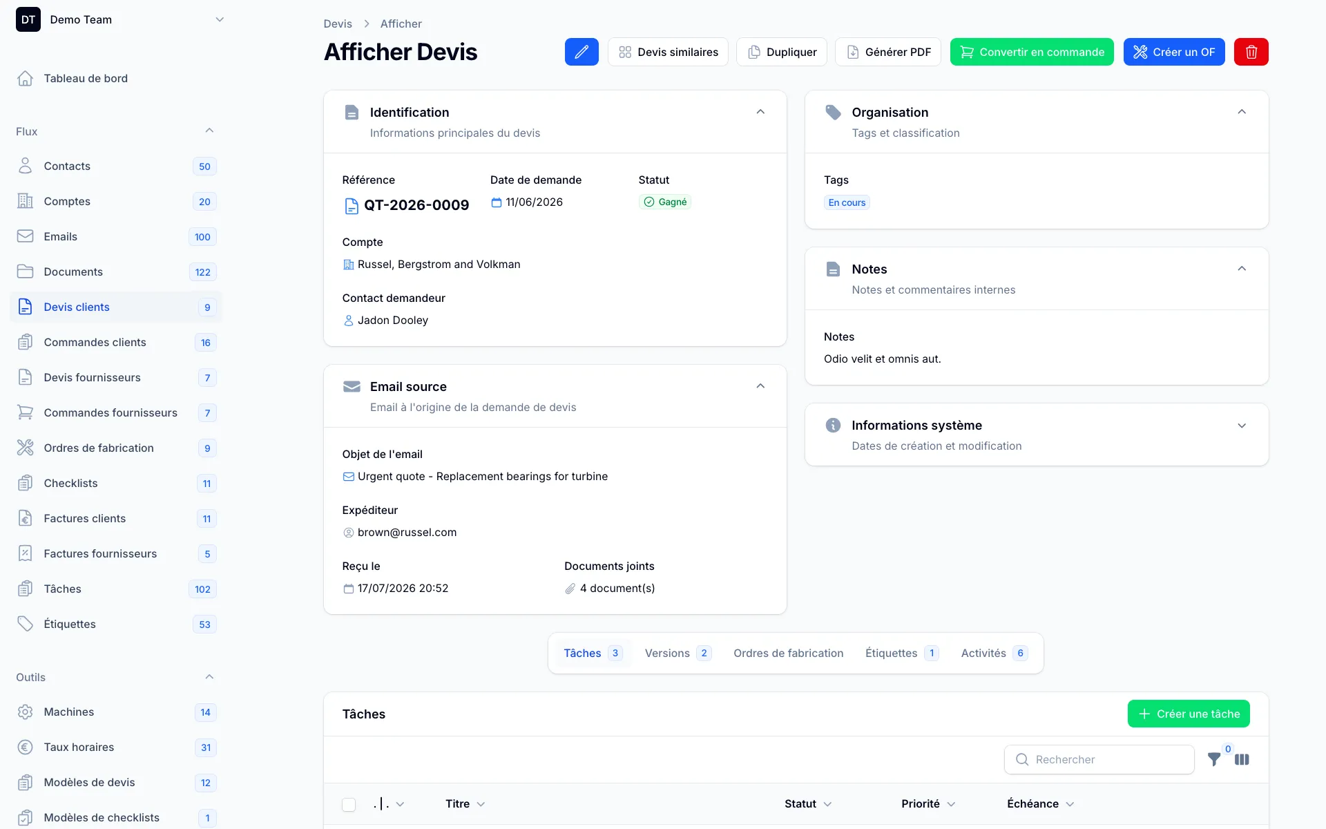 Fiche devis avec emails et plans reçus