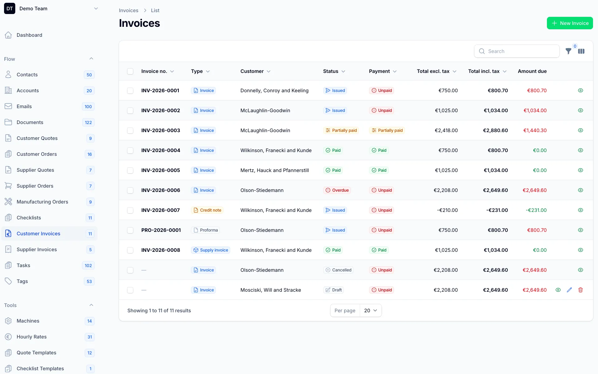 Invoice list with statuses