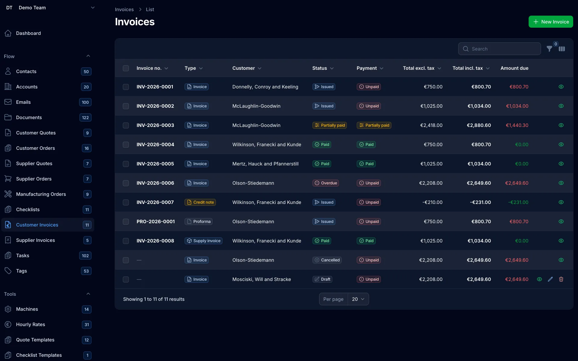 Invoice list with statuses (dark)